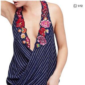 Free People Frida Embroidered Floral Striped Wrap Tank Top Navy L